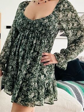 NWT Hippie Flowy Floral Print Dress Dark Green Mini Dress